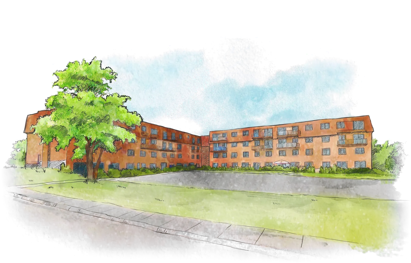 Watercolor drawing of one of the family's first buildings in Brossard