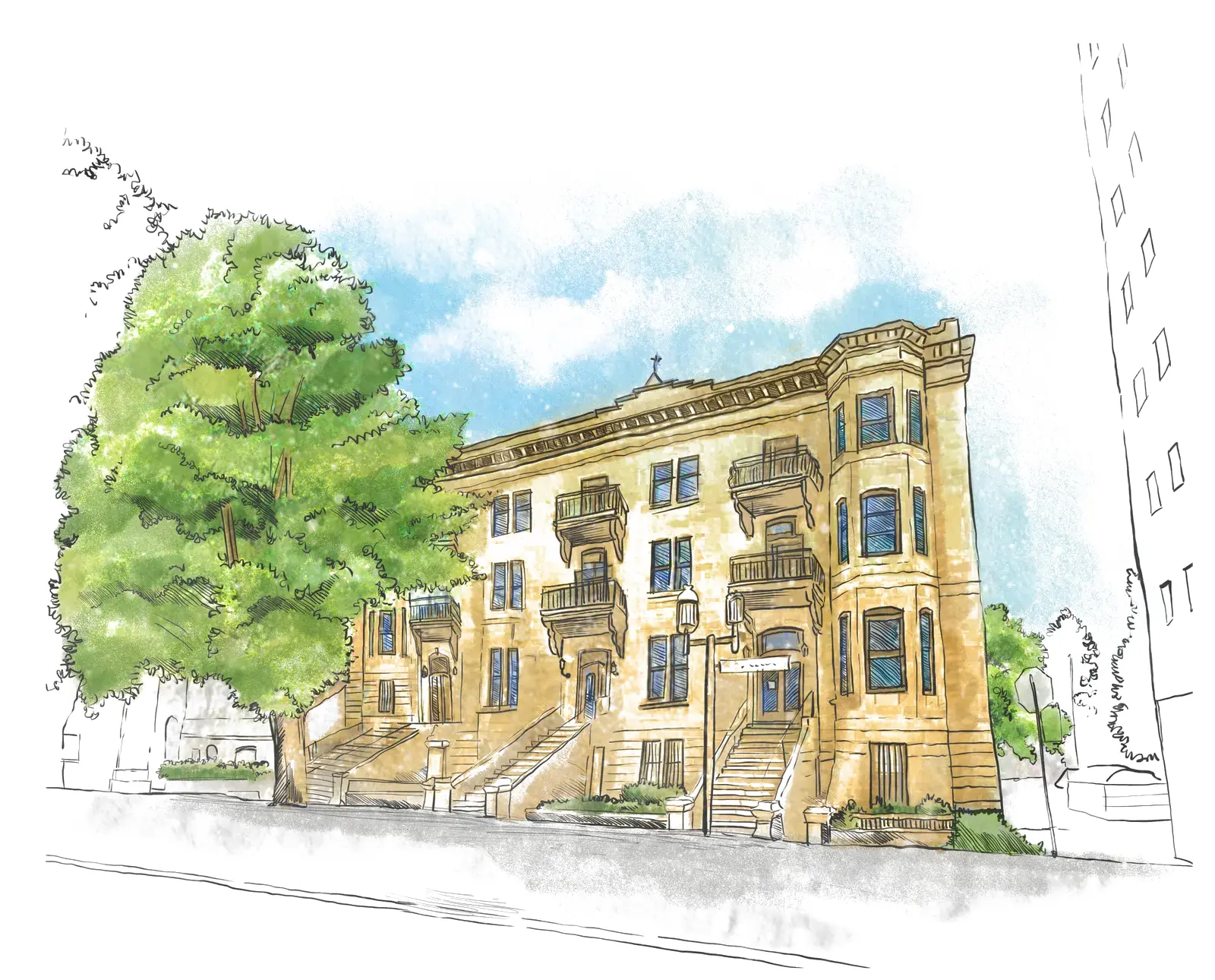Watercolor drawing of 3417-25 Sainte-Famille, a Helisis greystone near McGill