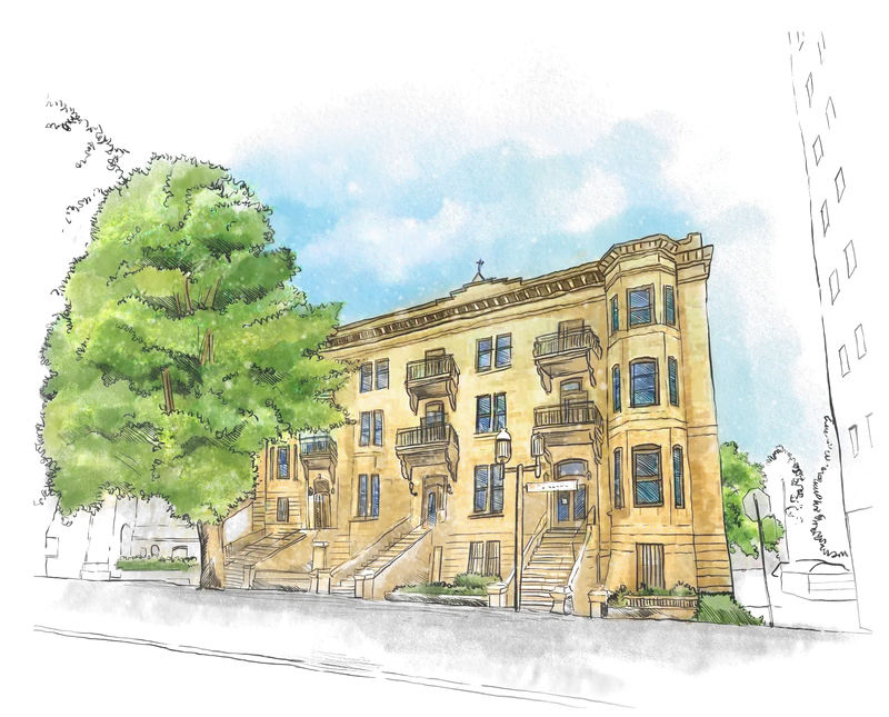 Watercolor drawing of 3417-25 Sainte-Famille
