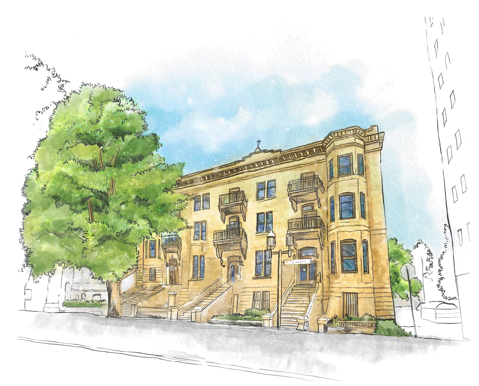 Watercolor drawing of the first Helisis building near McGill