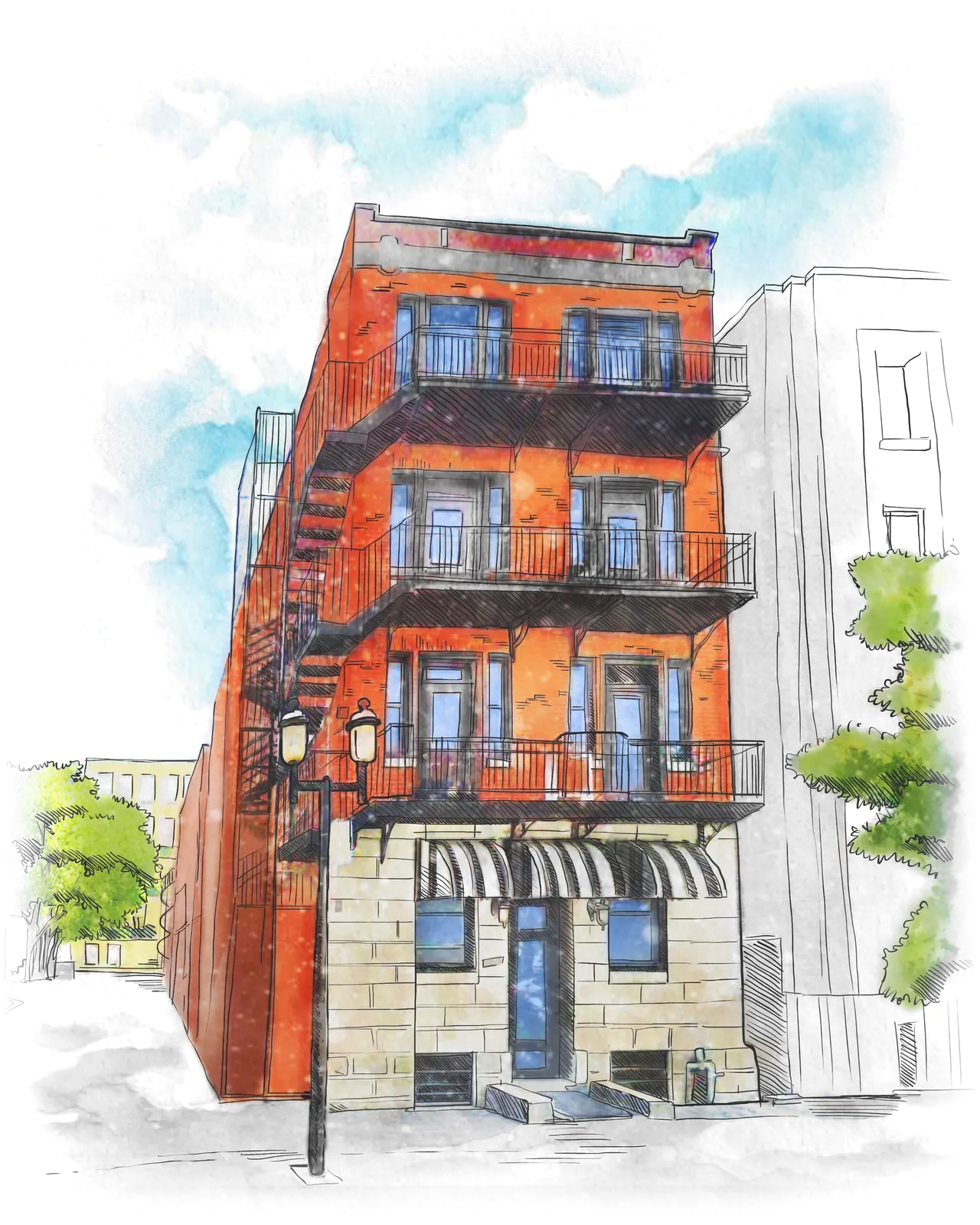 Aquarelle de l'immeuble 3436 Aylmer, Milton-Parc, près de McGill