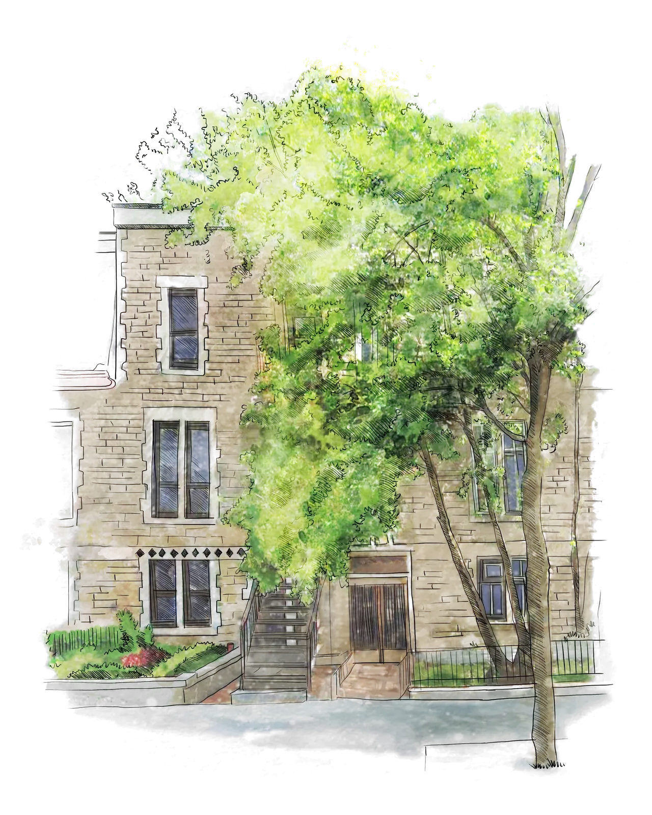 Aquarelle de l'immeuble 3549-51 Sainte-Famille, Milton-Parc, près de McGill