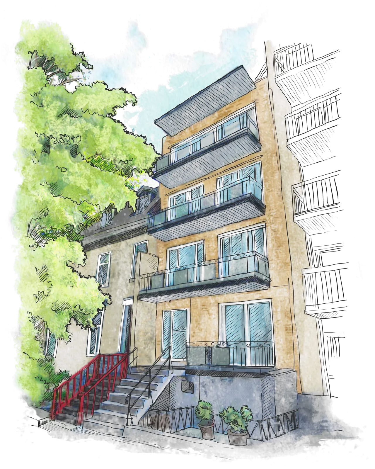 Aquarelle de l'immeuble 3566, avenue Lorne, Milton-Parc, près de McGill