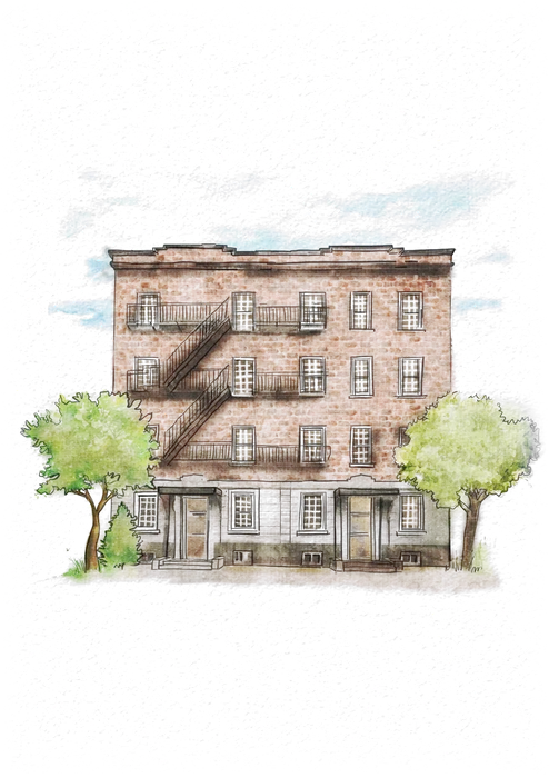 Watercolor drawing of 3639-41 Sainte-Famille