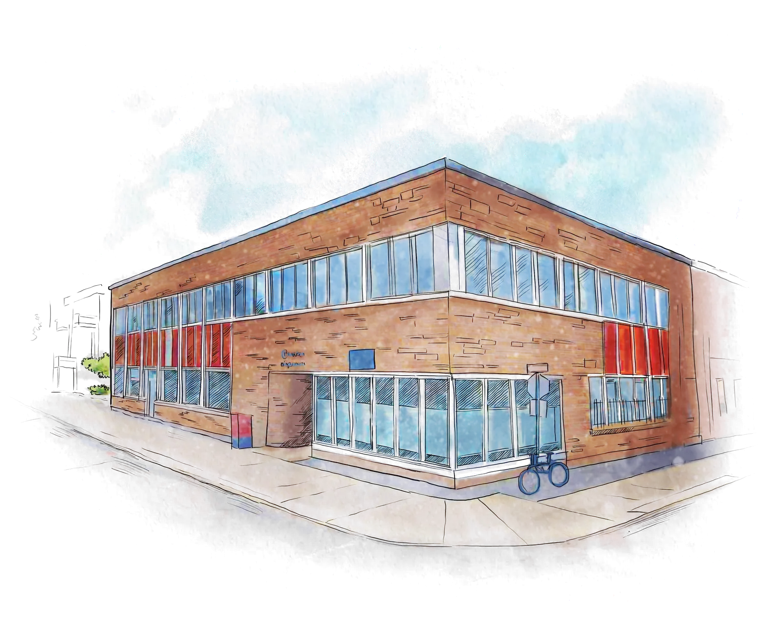Watercolor drawing of Espace Bannantyne in Verdun, our first commercial building
