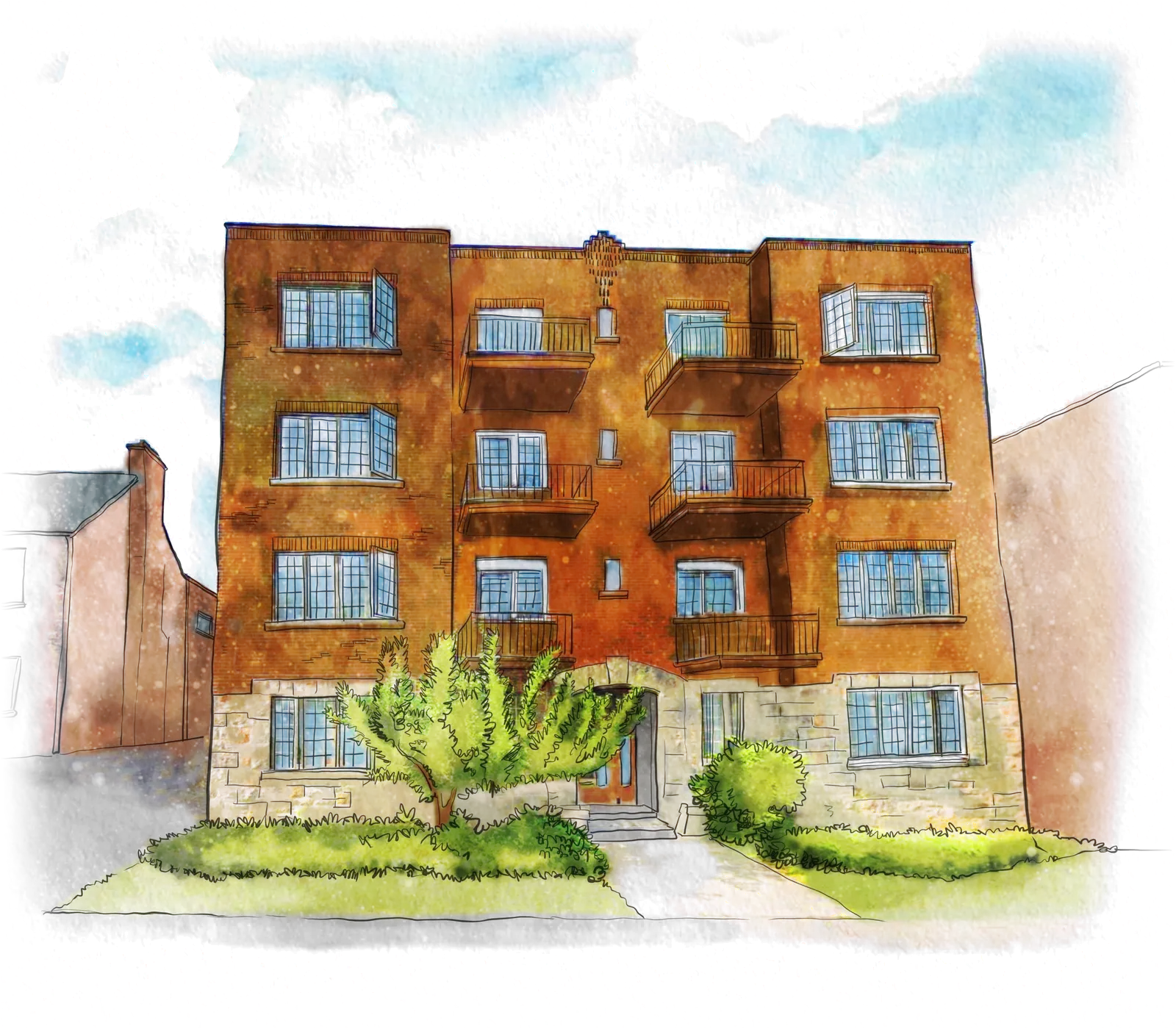 Aquarelle de l'immeuble 5050 Roslyn / 5051 Grosvenor, Notre-Dame-de-Grâce