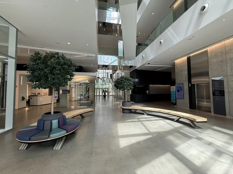 The bright atrium of HEC Montréal's Hélène-Desmarais building downtown