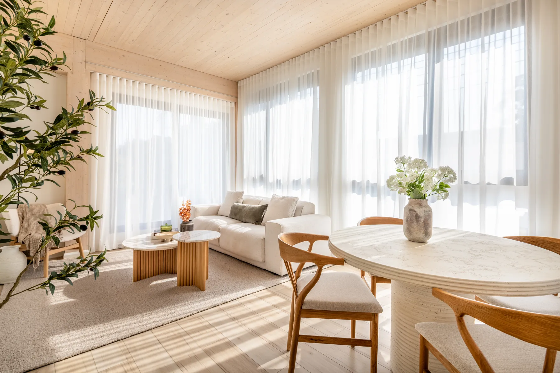 Living room with plants, wood ceiling and sheer curtains at ANDAS