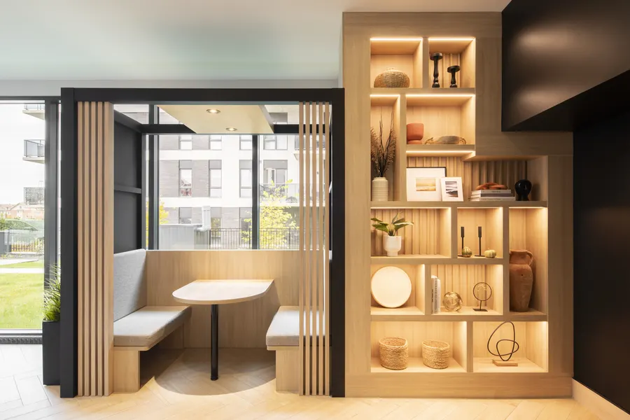 Reading nook with lit shelving
